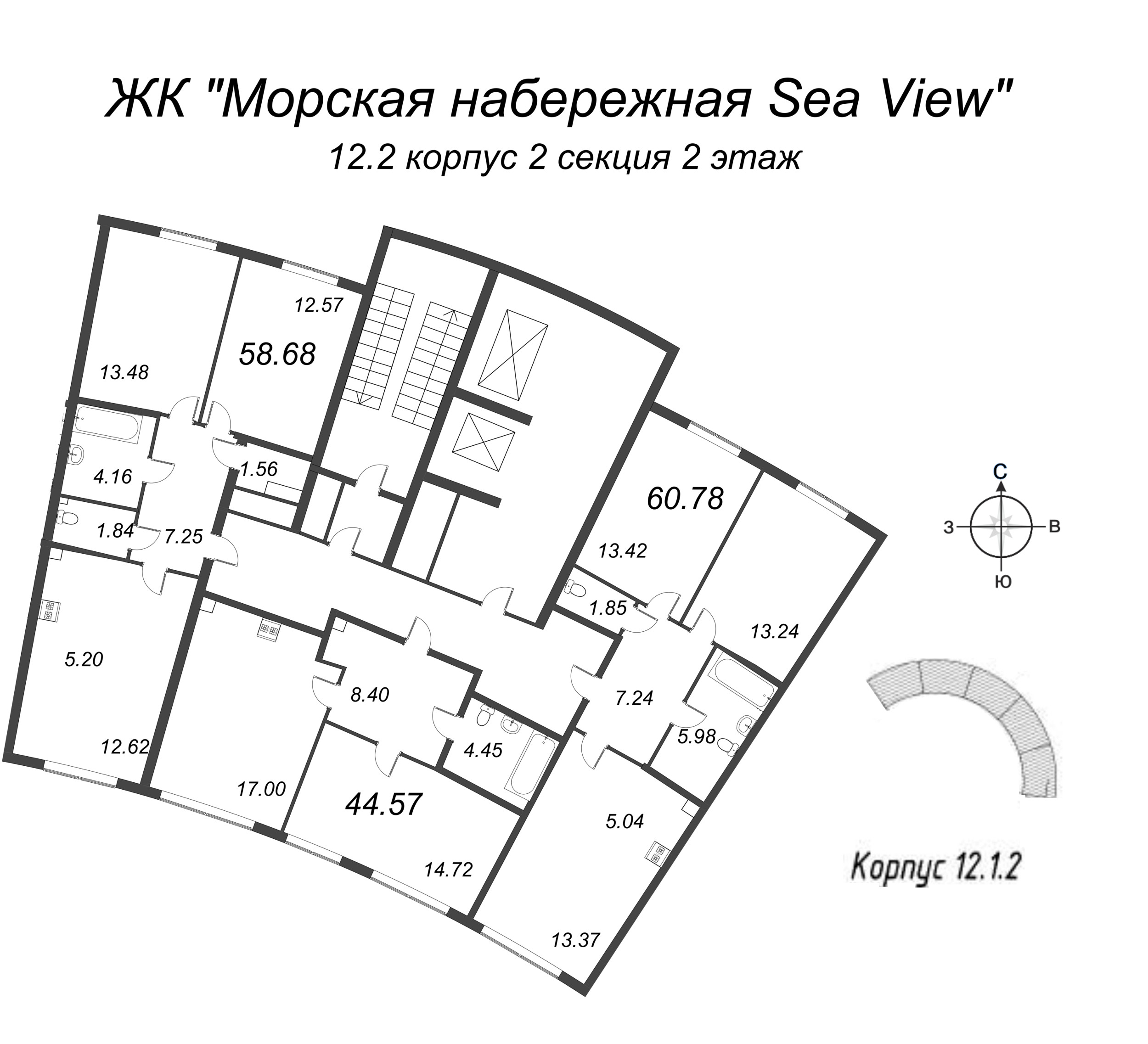 3-комнатная (Евро) квартира, 60.78 м² в ЖК "Морская набережная. SeaView" - планировка этажа