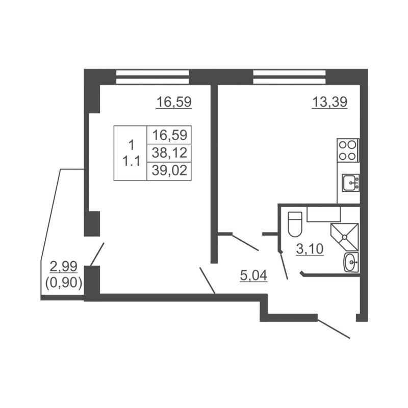 1-комнатная квартира, 39.02 м² в ЖК "Тандем" - планировка, фото №1