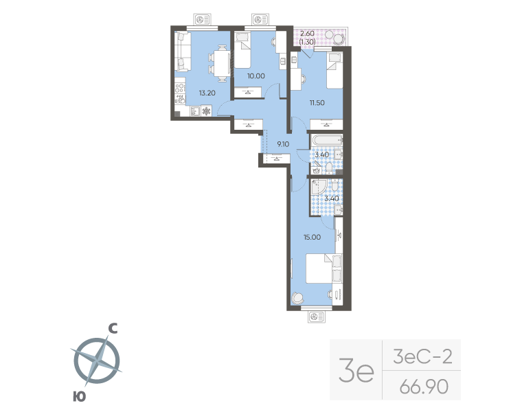 3-комнатная квартира, 66.9 м² в ЖК "Ручьи" - планировка, фото №1