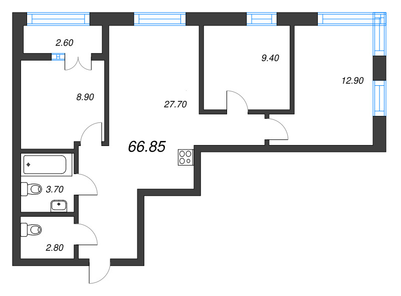 3-комнатная квартира, 66.85 м² - планировка, фото №1