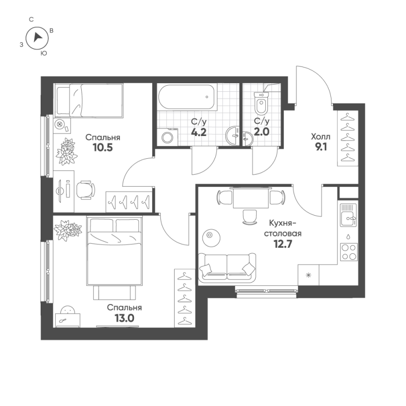 2-комнатная квартира, 51.5 м² - планировка, фото №1