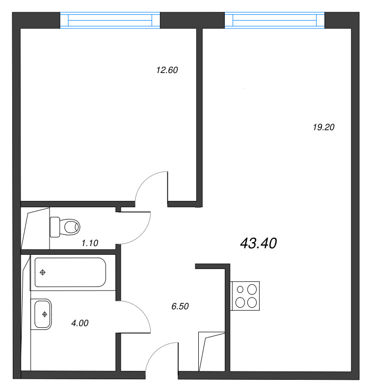 2-комнатная (Евро) квартира, 43.4 м² в ЖК "Руднева 15" - планировка, фото №1