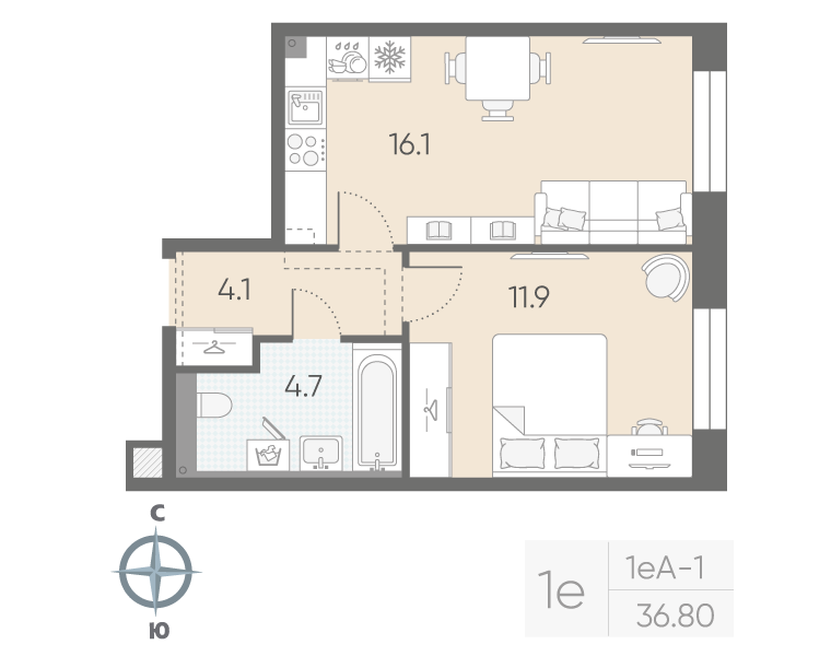 2-комнатная (Евро) квартира, 36.8 м² в ЖК "Большая Охта" - планировка, фото №1