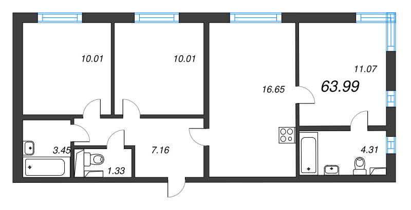 4-комнатная (Евро) квартира, 63.99 м² - планировка, фото №1