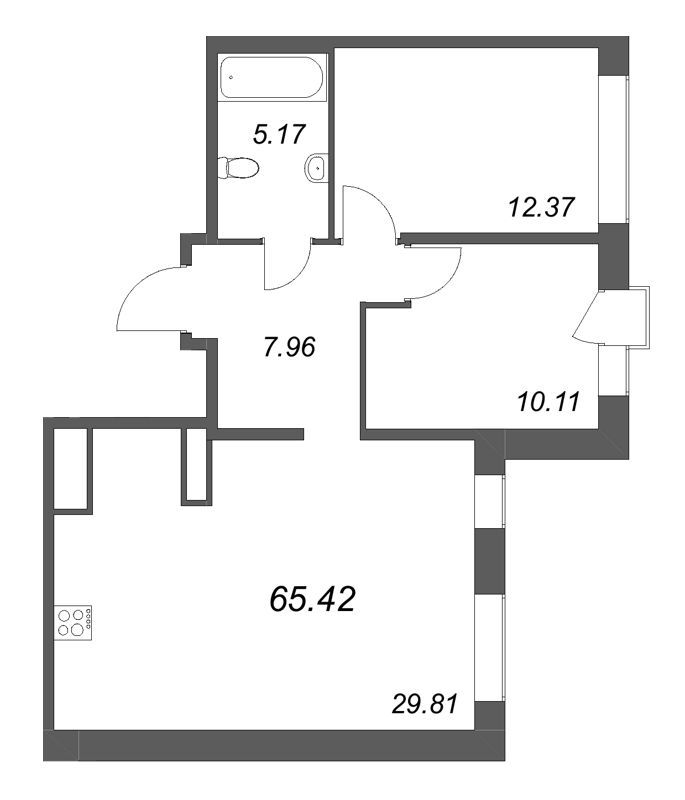3-комнатная (Евро) квартира, 65.42 м² в ЖК "Avant" - планировка, фото №1