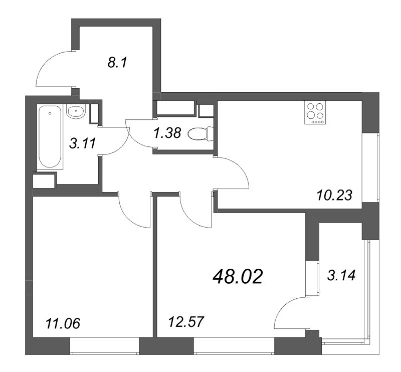 2-комнатная квартира, 48.02 м² в ЖК "Аурум" - планировка, фото №1