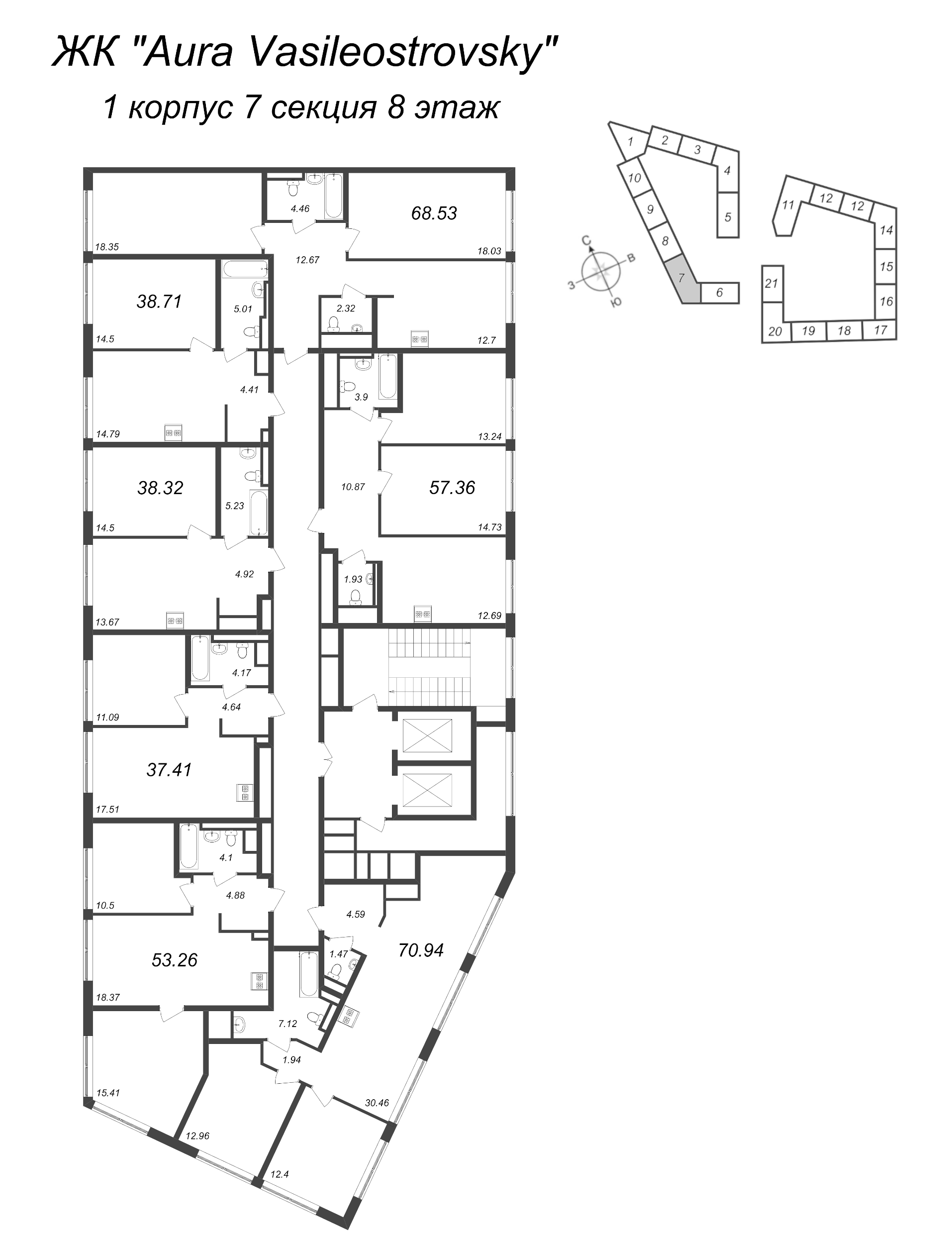 2-комнатная квартира, 57.36 м² в ЖК "GloraX Premium Василеостровский" - планировка этажа