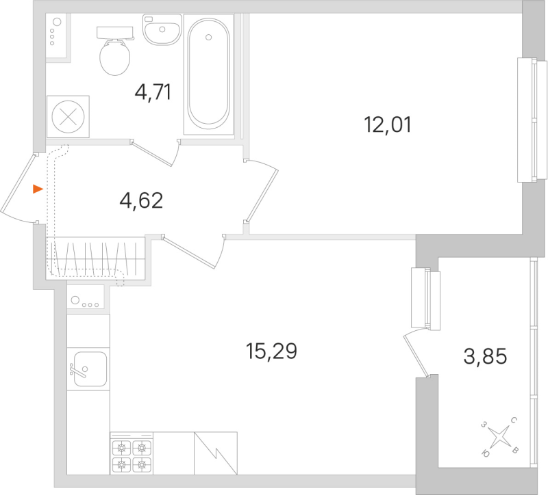 2-комнатная (Евро) квартира, 36.63 м² в ЖК "Ясно.Янино" - планировка, фото №1