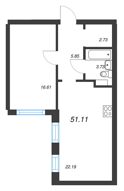 2-комнатная (Евро) квартира, 51.11 м² - планировка, фото №1