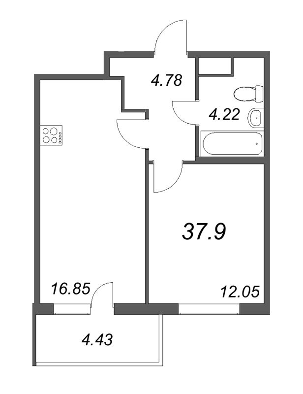 1-комнатная квартира, 37.9 м² - планировка, фото №1