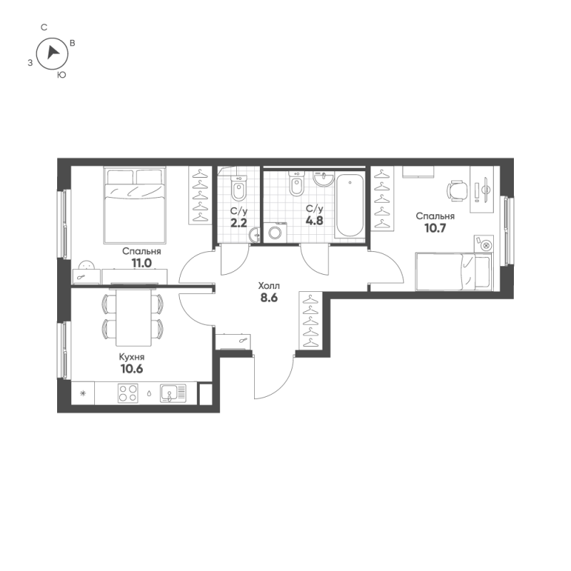 2-комнатная квартира, 47.9 м² в ЖК "Клюква.Парк" - планировка, фото №1