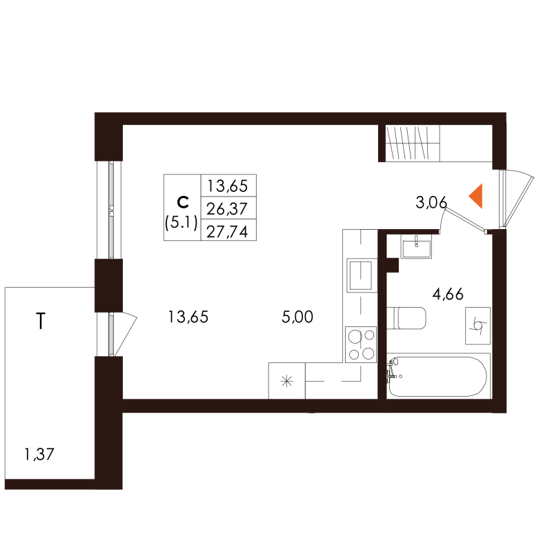Квартира-студия, 27.74 м² - планировка, фото №1