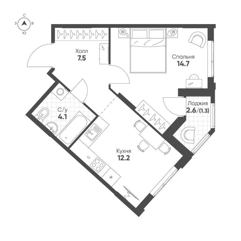 1-комнатная квартира, 39.8 м² в ЖК "Ягодное Река Парк" - планировка, фото №1