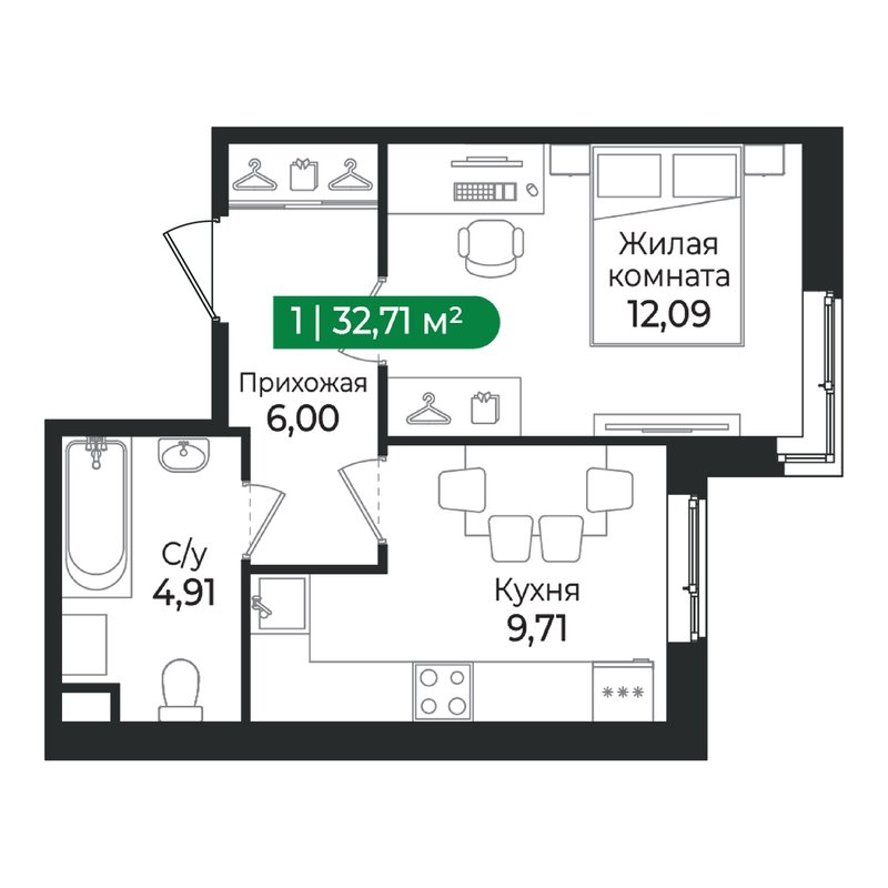 1-комнатная квартира, 32.71 м² в ЖК "Сертолово Парк" - планировка, фото №1
