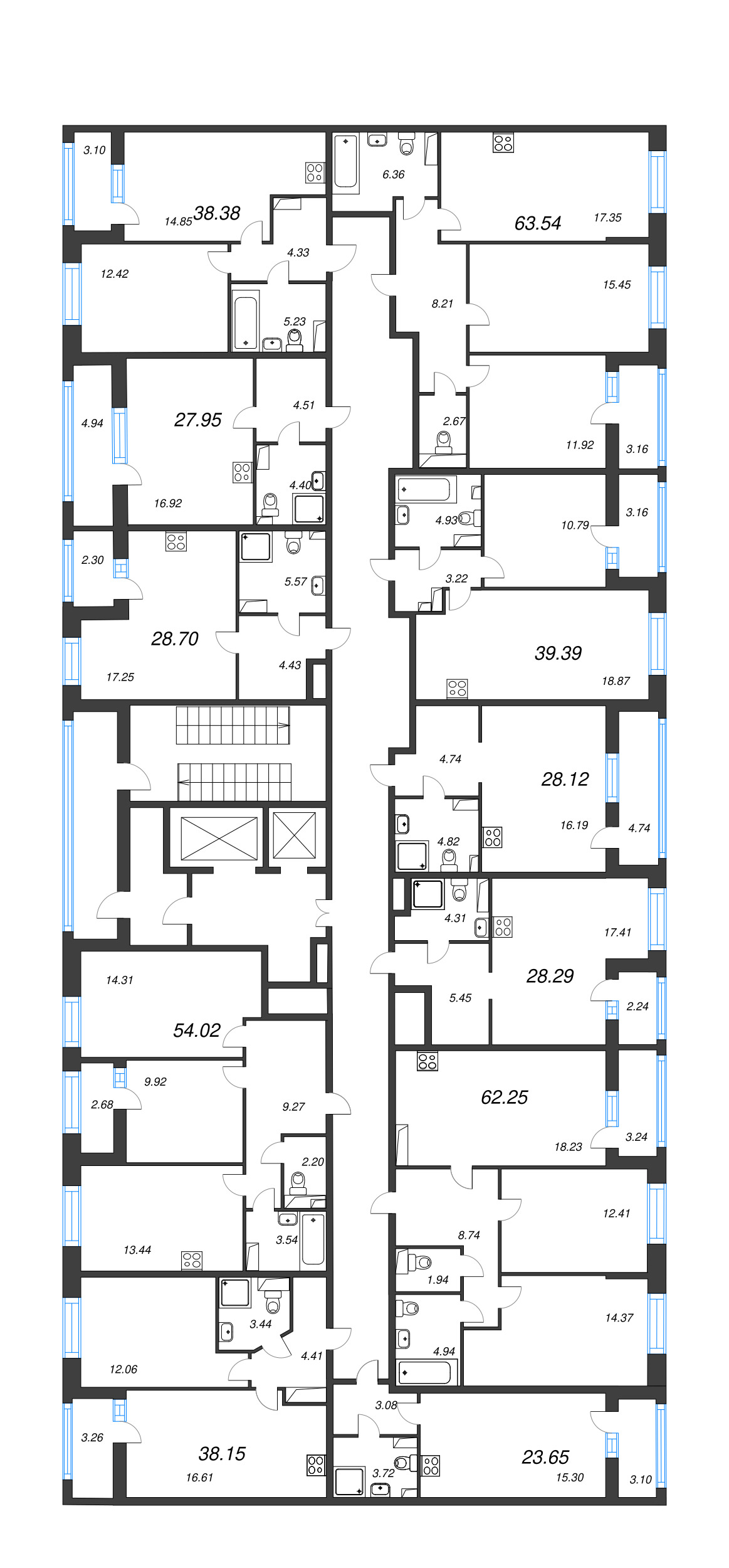 3-комнатная (Евро) квартира, 62.25 м² - планировка этажа