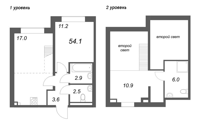 3-комнатная (Евро) квартира, 54.1 м² в ЖК "Пулково Lake" - планировка, фото №1