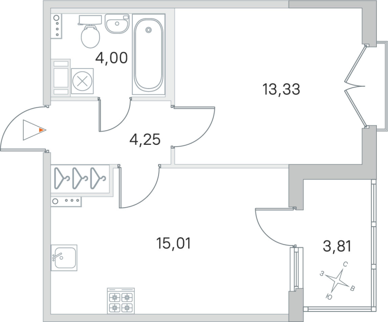 2-комнатная (Евро) квартира, 36.59 м² в ЖК "Любоград" - планировка, фото №1