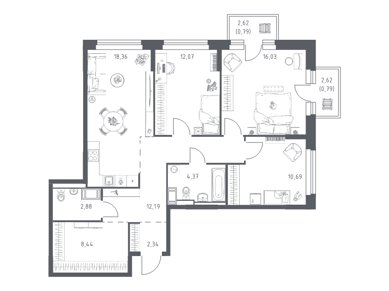 4-комнатная (Евро) квартира, 88.95 м² в ЖК "Новое Колпино" - планировка, фото №1