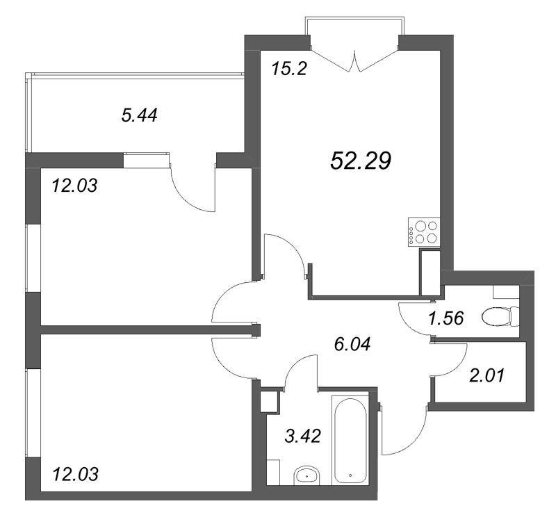 3-комнатная (Евро) квартира, 52.29 м² в ЖК "Любоград" - планировка, фото №1