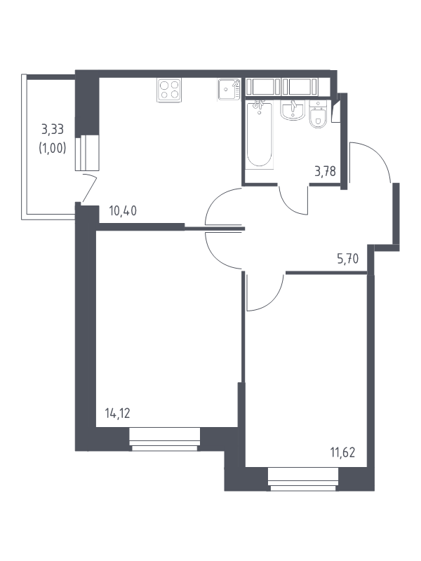 2-комнатная квартира, 46.62 м² - планировка, фото №1