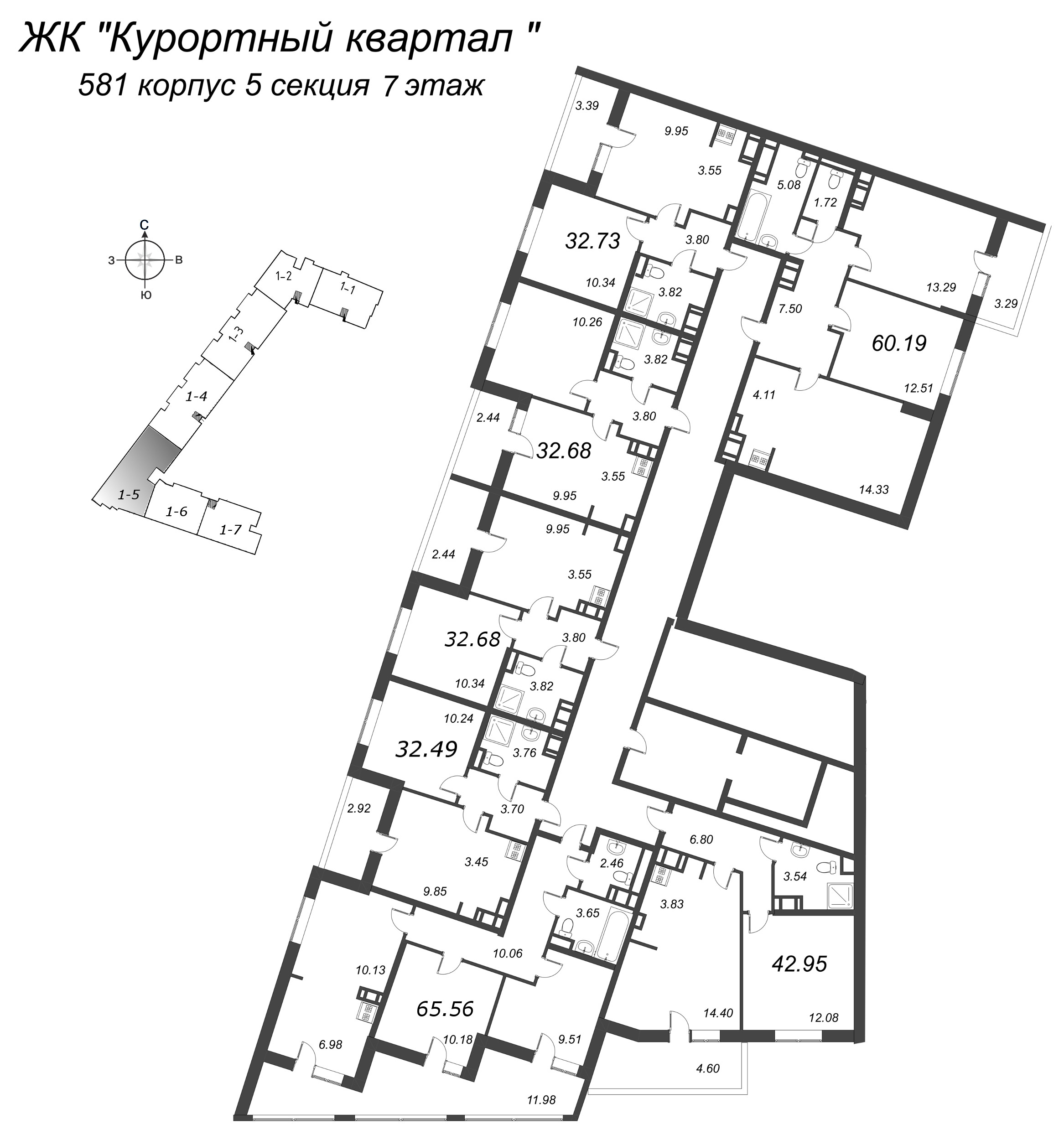 3-комнатная (Евро) квартира, 56.56 м² в ЖК "Курортный Квартал" - планировка этажа