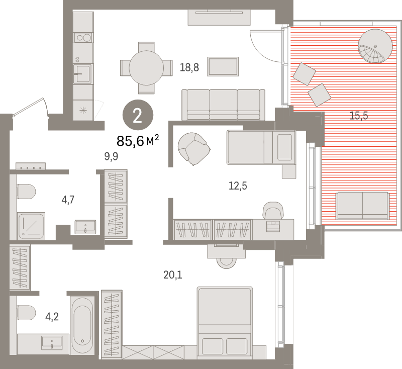 3-комнатная (Евро) квартира, 85.6 м² в ЖК "Брусника в Новоселье" - планировка, фото №1