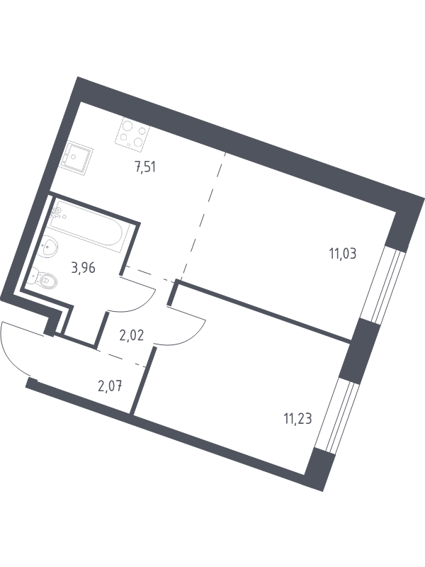 2-комнатная (Евро) квартира, 37.82 м² в ЖК "Квартал Лаголово" - планировка, фото №1