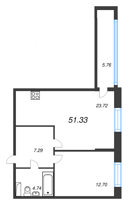 2-комнатная (Евро) квартира, 51.33 м² в ЖК "Аквилон Leaves" - планировка, фото №1