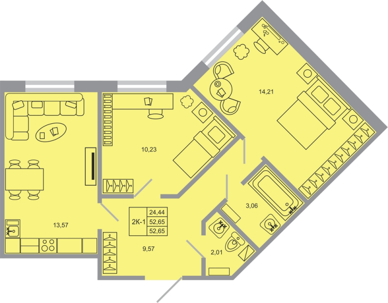 2-комнатная квартира, 52.65 м² - планировка, фото №1