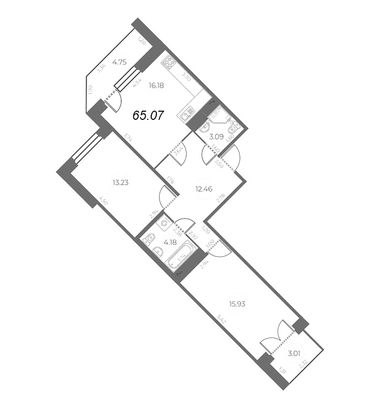 3-комнатная (Евро) квартира, 68.94 м² в ЖК "Огни Залива" - планировка, фото №1