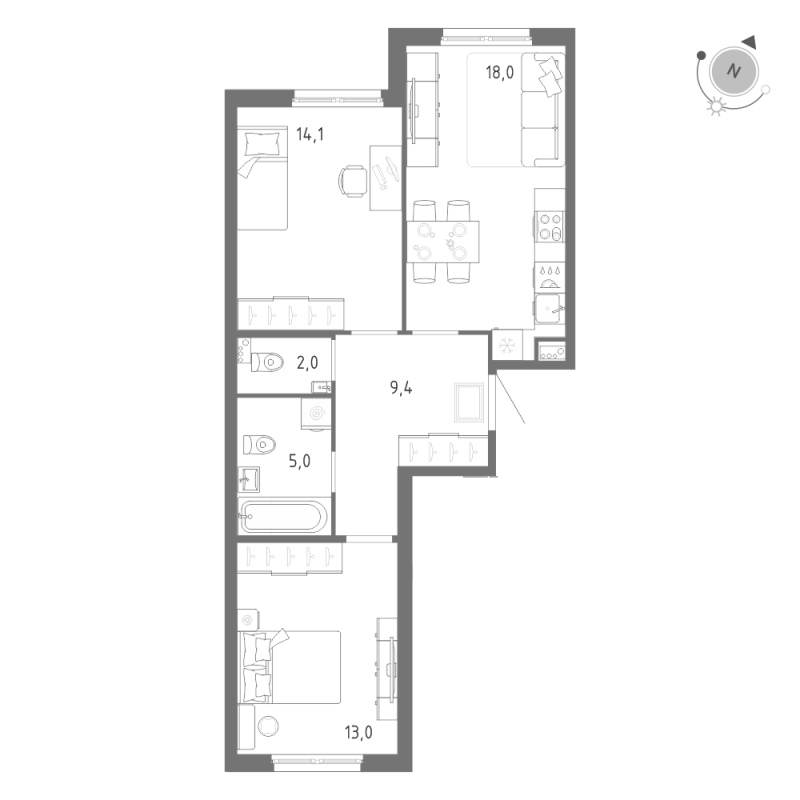 3-комнатная (Евро) квартира, 61.5 м² в ЖК "Клюква.Парк" - планировка, фото №1