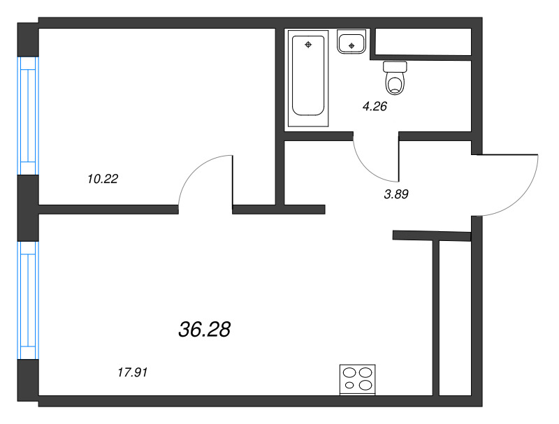 2-комнатная (Евро) квартира, 36.28 м² - планировка, фото №1