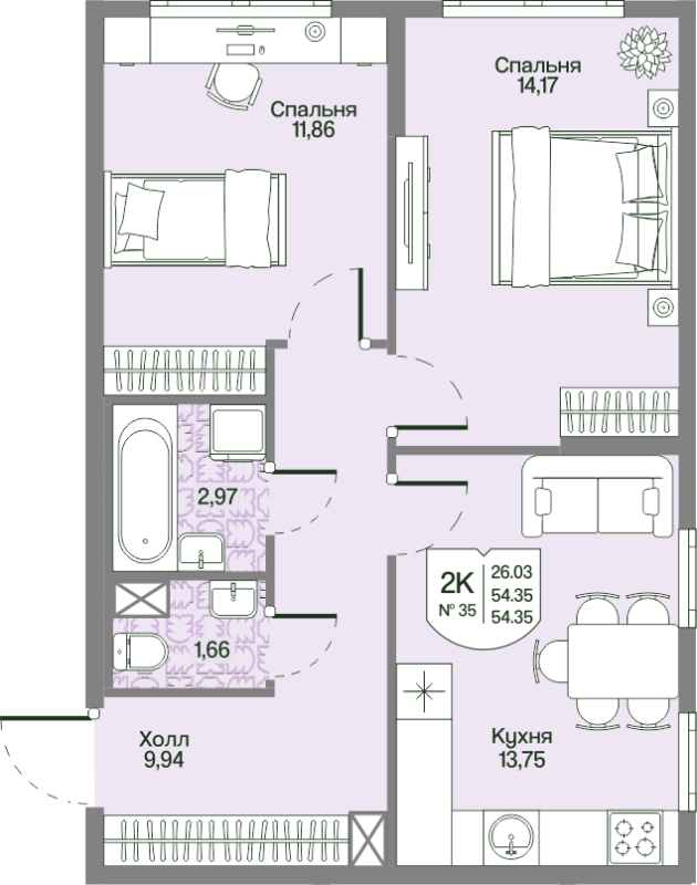 2-комнатная квартира, 54.35 м² в ЖК "Охтинские высоты" - планировка, фото №1