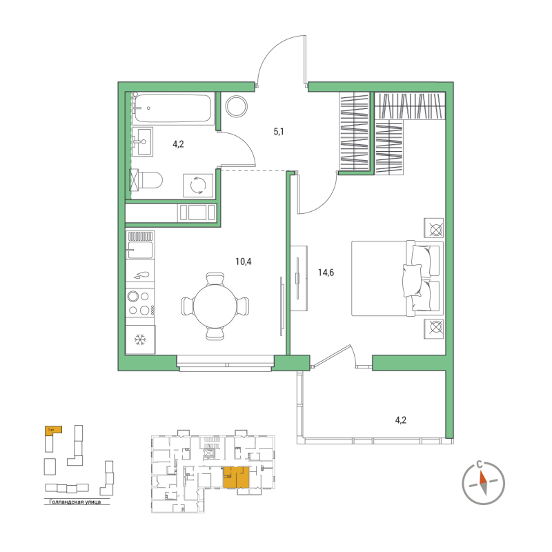 1-комнатная квартира, 35.6 м² в ЖК "Янила Форест" - планировка, фото №1