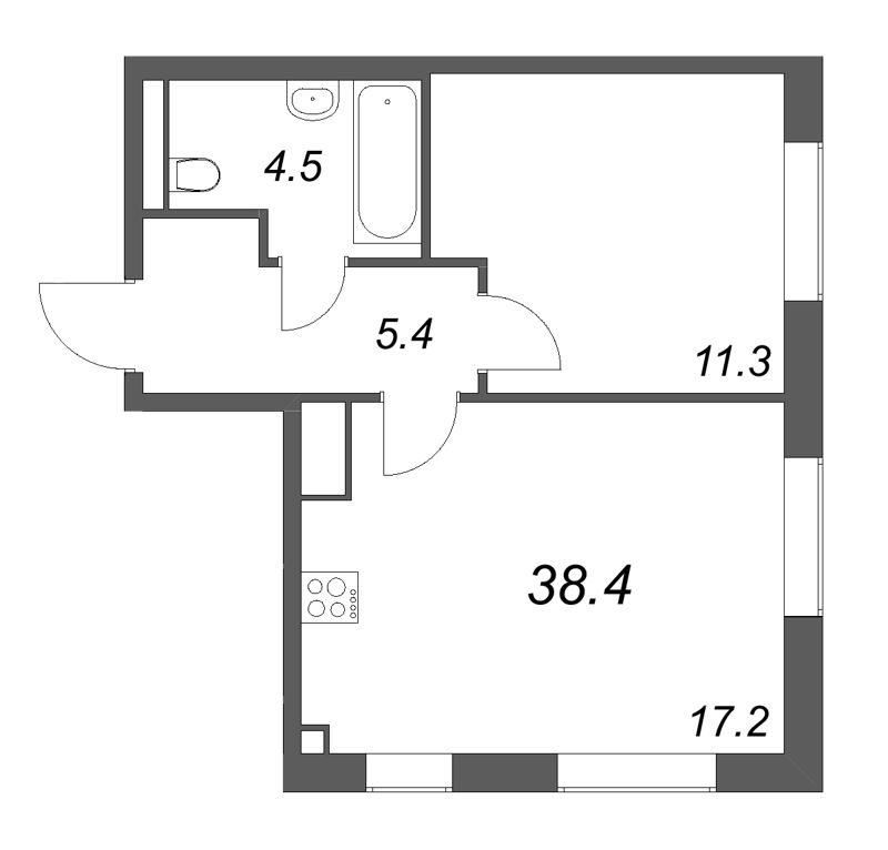 2-комнатная (Евро) квартира, 38.4 м² в ЖК "Большая Охта" - планировка, фото №1