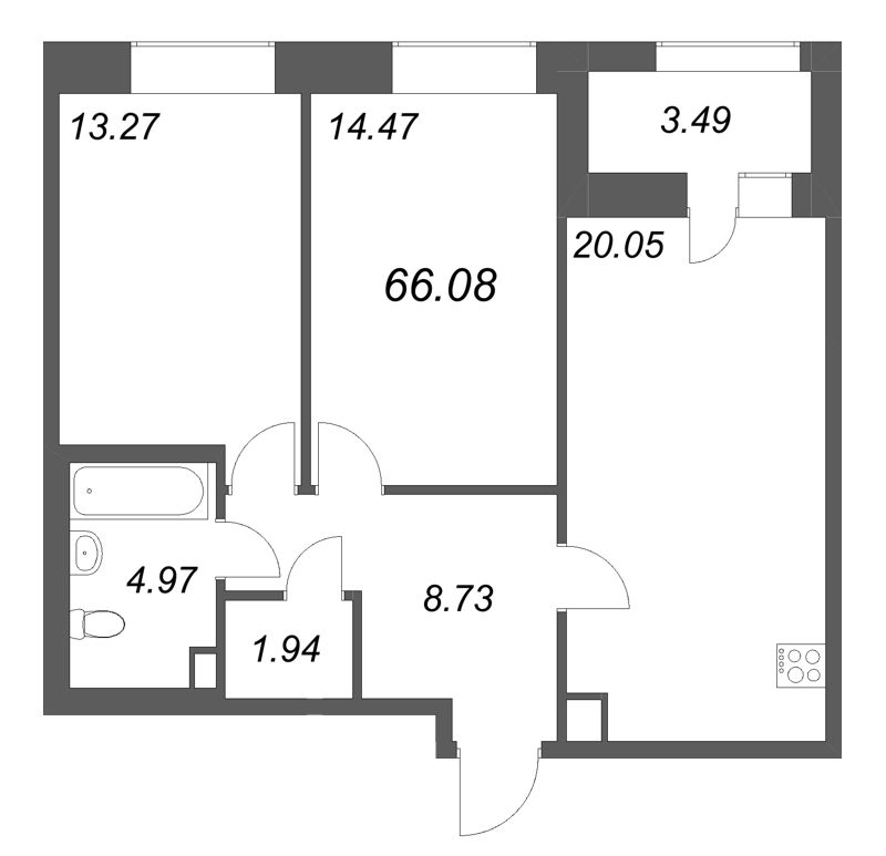 3-комнатная (Евро) квартира, 66.08 м² в ЖК "Аквилон Солар" - планировка, фото №1