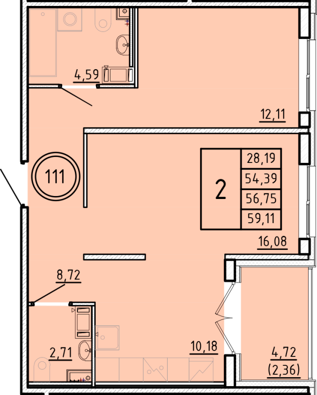 2-комнатная квартира, 54.39 м² - планировка, фото №1