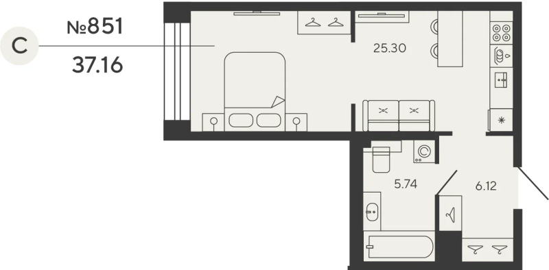 Квартира-студия, 37.16 м² - планировка, фото №1