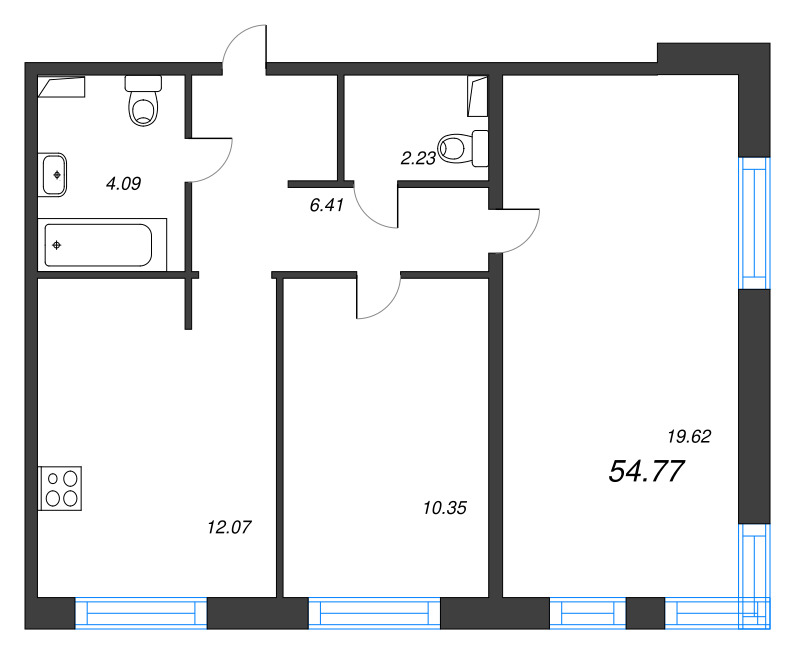 2-комнатная квартира, 54.77 м² в ЖК "Арт Парк" - планировка, фото №1