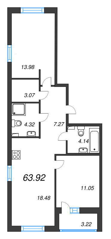 3-комнатная (Евро) квартира, 63.92 м² в ЖК "Энфилд" - планировка, фото №1