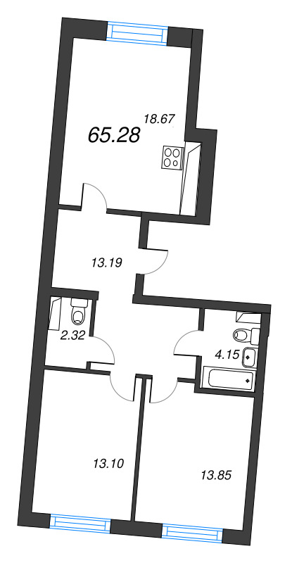 3-комнатная (Евро) квартира, 65.28 м² в ЖК "Кронфорт. Центральный" - планировка, фото №1