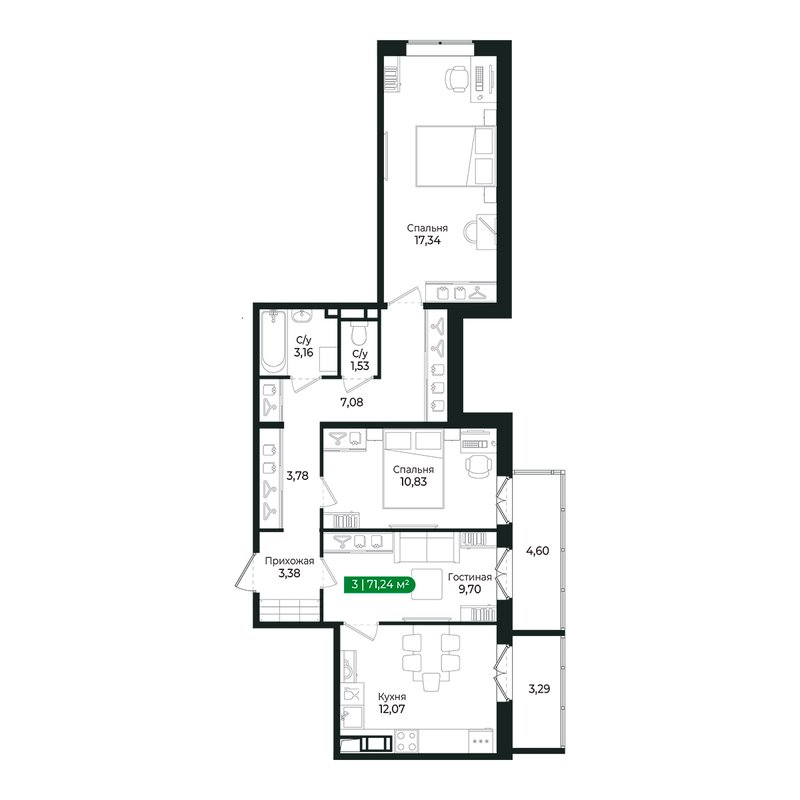 3-комнатная квартира, 68.1 м² в ЖК "Сертолово Парк" - планировка, фото №1