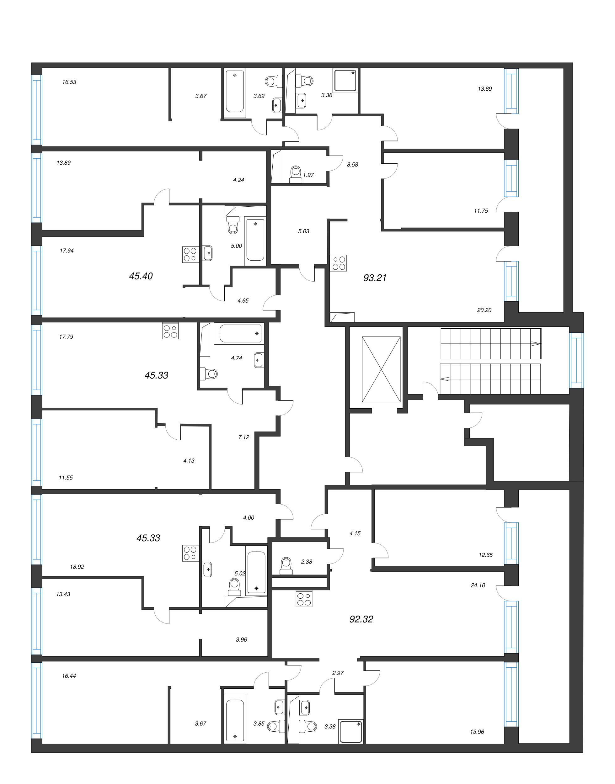 4-комнатная (Евро) квартира, 93.21 м² - планировка этажа