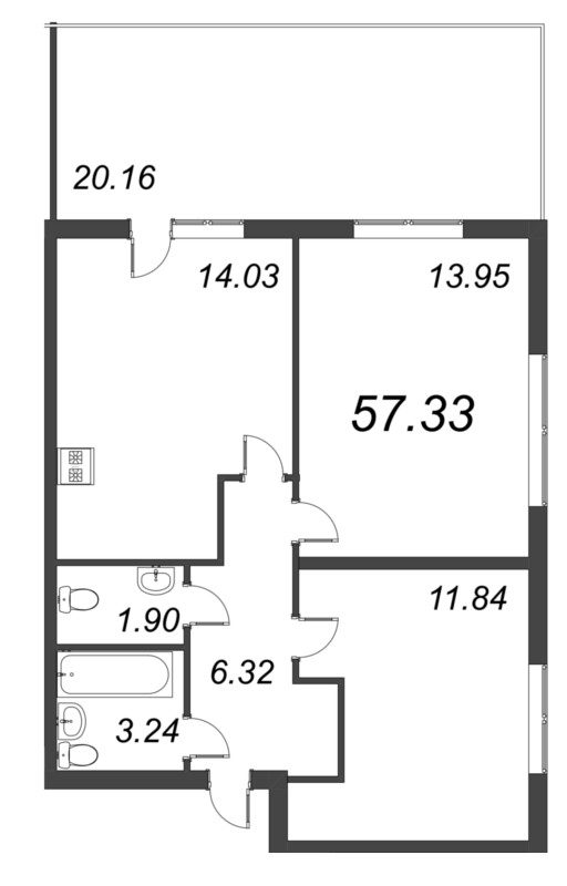 2-комнатная квартира, 57.33 м² в ЖК "Bereg. Курортный" - планировка, фото №1