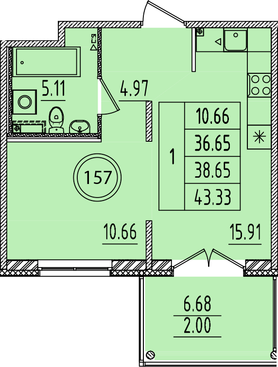 2-комнатная (Евро) квартира, 36.65 м² в ЖК "Образцовый квартал 14" - планировка, фото №1