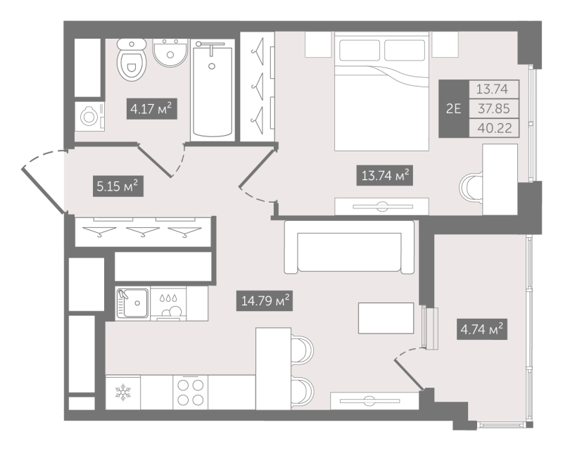 2-комнатная (Евро) квартира, 40.22 м² в ЖК "N8" - планировка, фото №1