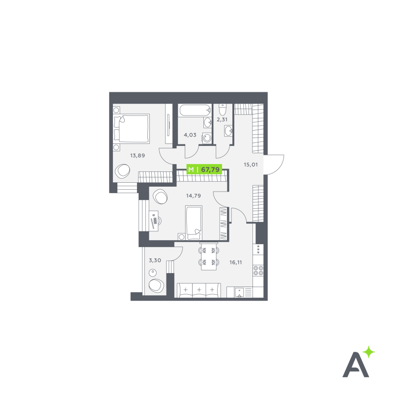 3-комнатная (Евро) квартира, 68.05 м² в ЖК "Аквилон Verba" - планировка, фото №1