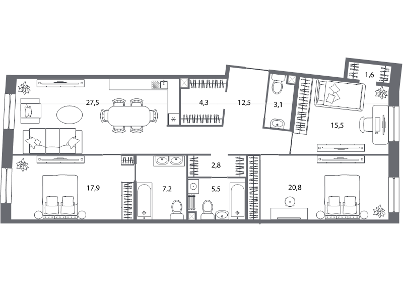 4-комнатная (Евро) квартира, 118.7 м² в ЖК "Северная корона" - планировка, фото №1