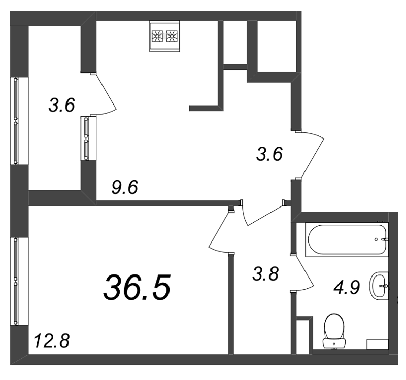 1-комнатная квартира, 36.4 м² - планировка, фото №1