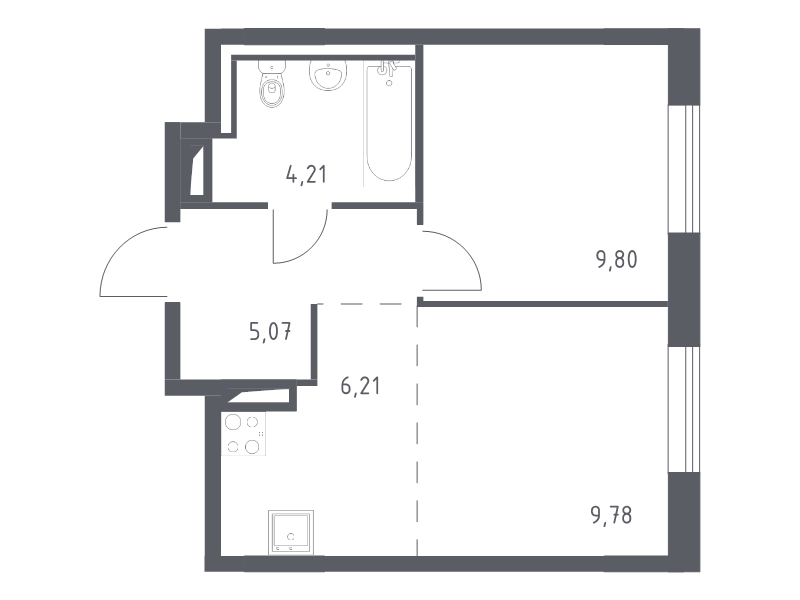 2-комнатная (Евро) квартира, 35.07 м² - планировка, фото №1